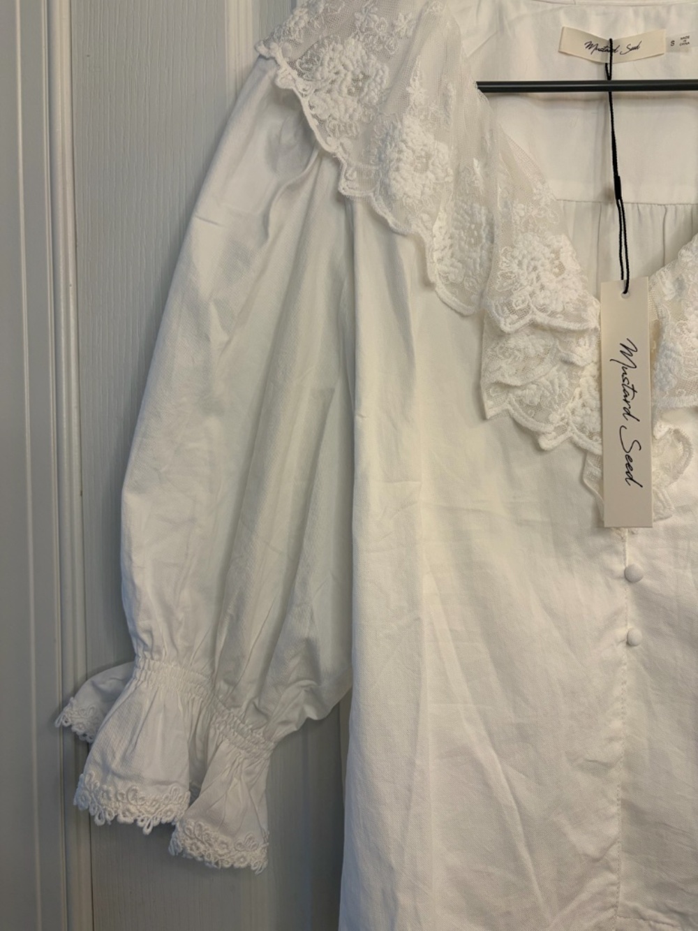 Women's White Mustard Seed 100% Cotton Portrait Lace Collar Blouse Size S NWT